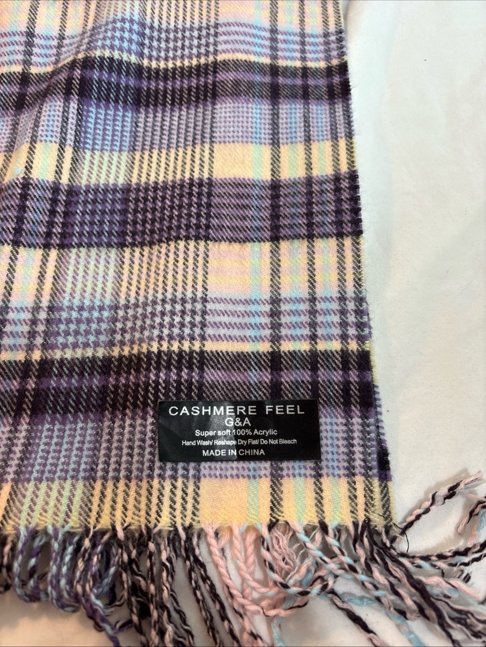Cashmere Feel Plaid Scarf in Lavender and Pastel Yellow. 1261
